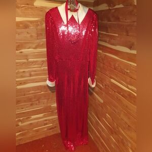 Vintage 80s Red Sequined Long Sleeve EveningDress w/Removable White Collar/Cuffs